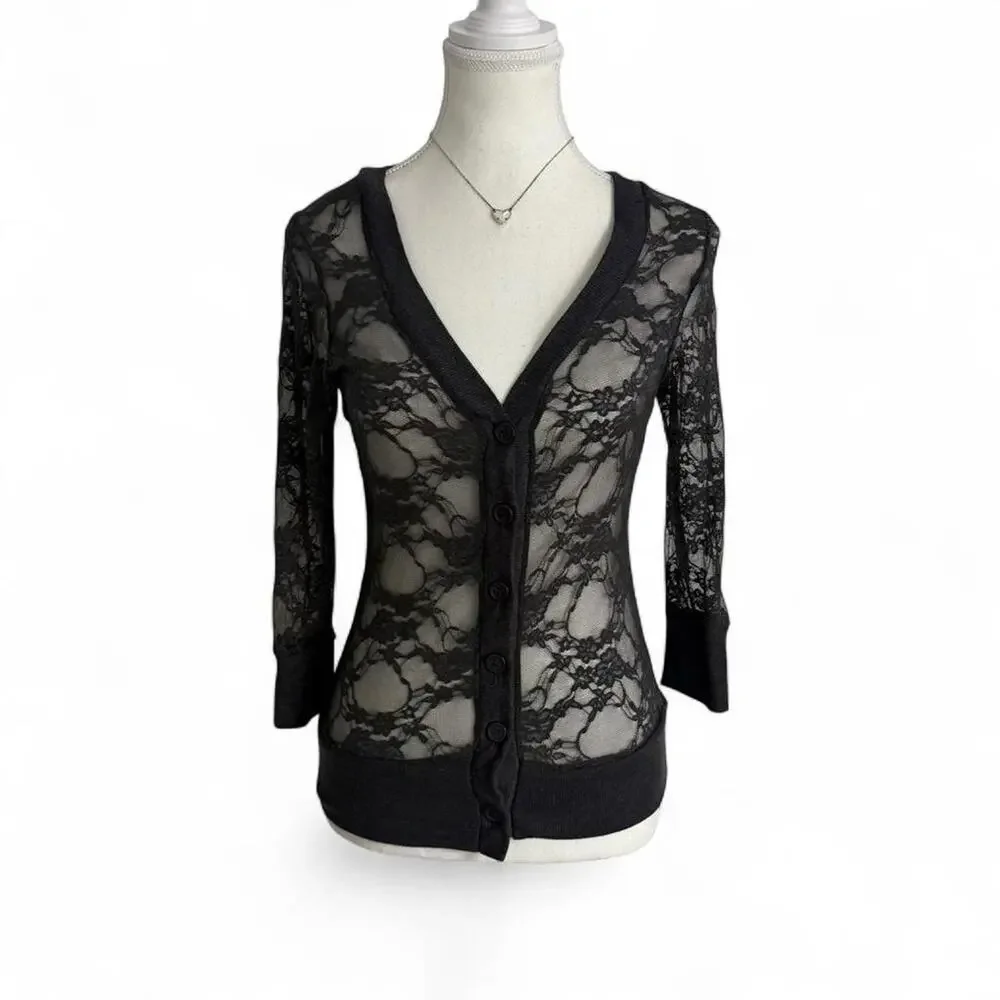 Lace Button Up Sheer Layering Top - Sweater Size Medium - Picture 1 of 5